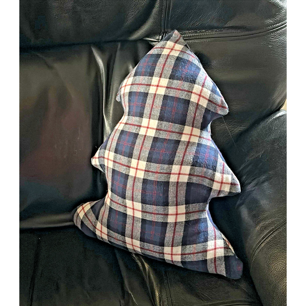 Handmade Patriotic Tree Accent Decor Pillow Blue Red Tartan Plaid 16" Flannel